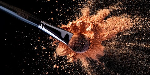  A makeup brush with scattered powder against a black background, highlighting cosmetic elegance.Great for makeup product display or artist portfolio. - obrazy, fototapety, plakaty