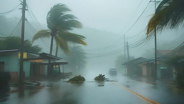 Hurricane strong wind and rainfall in a town