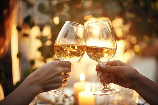 Couple clinking glasses with white wine at romantic dinner, closeup