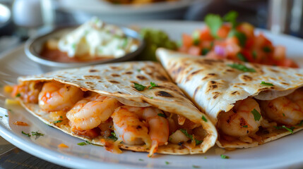 Fried shrimp wrapped in quesadillas appetizingly served on a platter with sauce and Pico de gallo