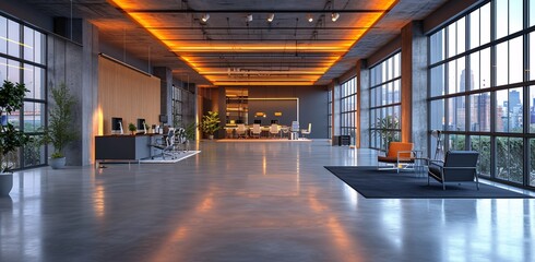 Spacious and well-lit modern office interior with warm lighting, tall windows, and a view of the urban skyline during dusk