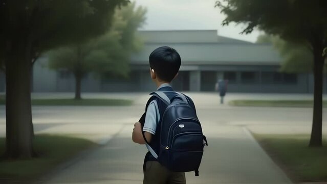 A boy with a school backpack goes to school