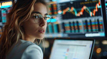 Fototapeta premium Trading woman in office with a laptop in front of stock market monitors. Generative AI.