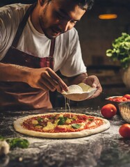 A craftsman pizza chef creating rustic pizza ingredients in a dark kitchen, artistic, with close-up shots and dim lighting. - obrazy, fototapety, plakaty