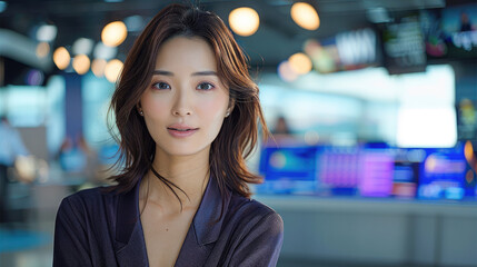 Obraz premium Japanese newscaster, beautiful women, Japanese TV Presenter Reporting Breaking News. Generative AI.