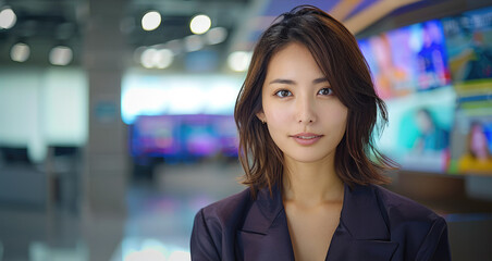 Obraz premium Japanese newscaster, beautiful women, Japanese TV Presenter Reporting Breaking News. Generative AI.