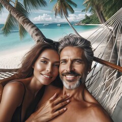 A middle aged couple in a hammock at the beach enjoying the sea and sun. Fine soft sand. Vacation....