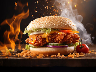 fresh crispy fried chicken burger sandwich with flying ingredients and spices hot ready to serve and eat food commercial advertisement menu banner with copy space 