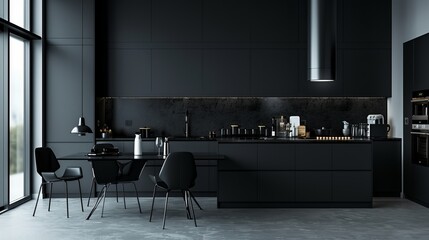Sophistication of a minimalist black kitchen, where sleek black surfaces and minimalist design elements harmonize to create a stylish and functional space for culinary exploration and relaxed dining