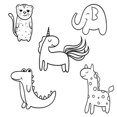 set of linework cartoon animals