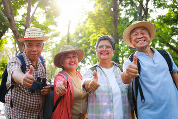 Portrait of a group of Asian elderly people traveling in a natural forest. They give thumbs up,...