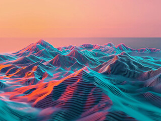 Futuristic digital landscape with terrain surface lines and water surface 