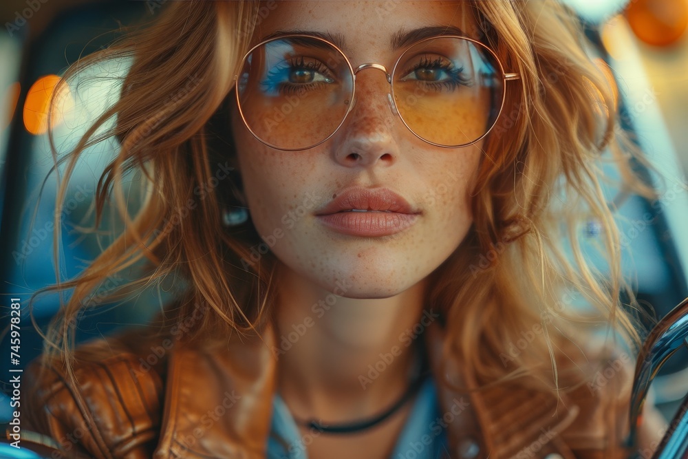 Wall mural Close-up portrait of a young woman with freckles wearing stylish amber sunglasses and a brown leather jacket, vibrant, and personable