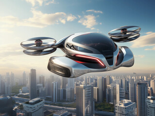 futuristic manned roto passenger drone flying in the sky over modern city for future air transportation and robotaxi concept as wide banner with copy space area 