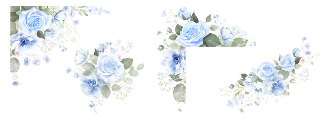 Fototapeta na wymiar Watercolor navy blue roses floral bouquet, frame of blue rose, winter blue flower gentle clip art, for wedding invitation, baby shower, save the date, bridal shower party celebration
