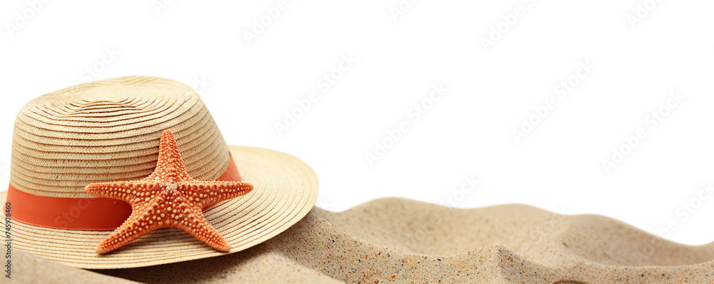 Wall mural straw hat and starfish resting on sandy beach, cut out