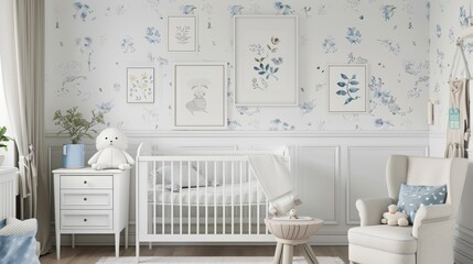 Delicate nursery room with botanical wallpaper, framed illustrations, and cozy furnishings, all in a soothing palette, perfect for a baby's room.