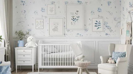 Fotobehang Delicate nursery room with botanical wallpaper, framed illustrations, and cozy furnishings, all in a soothing palette, perfect for a baby's room. © mashimara