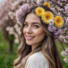 woman with a bright smile smelling the scent of spring flowers