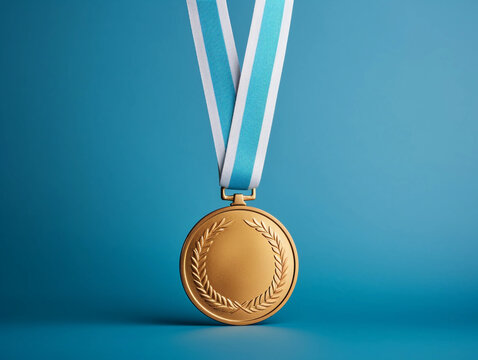 Gold medal on blue ribbon isolated on white blue background, winning theme. 