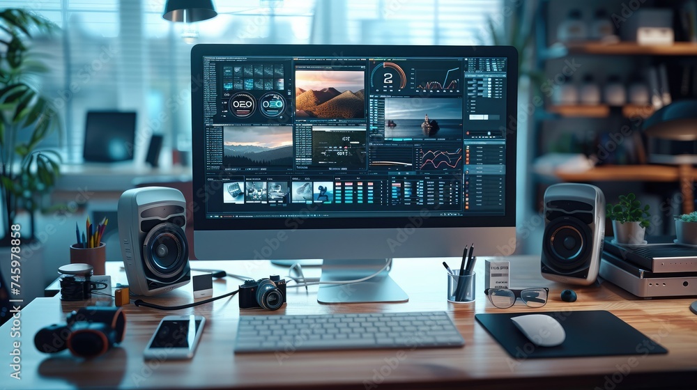 Poster the essential toolkit of modern remote work. set in a sleek, well-organized workspace at home office