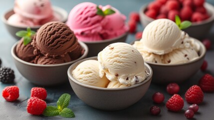 Various ice cream scoops in bowls over black stone background. Top view with copy space