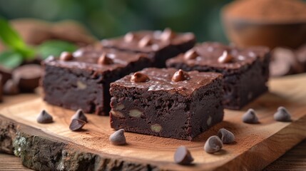 Fototapeta na wymiar Homemade chocolate brownies on rustic wooden background, selective focus