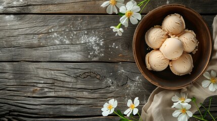 Vanilla ice cream in bowl on old wooden table
