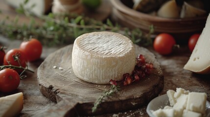 Camembert brie cheese with herbs on a rustic wooden background.