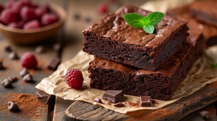 Chocolate brownies with raspberries, blueberries and almondsChocolate brownies with raspberries, blueberries and almonds - obrazy, fototapety, plakaty