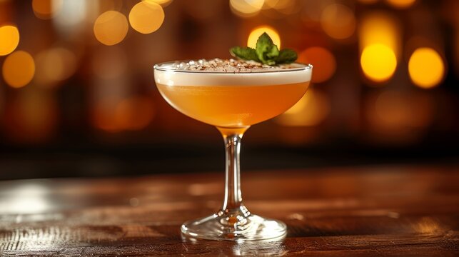 Image of a delicious cocktail presented on a restaurant tabletop, copy space for text