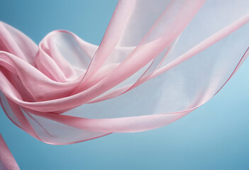 Flying pink fabric wave on blue sky background and illuminated by sunlight, generative ai
