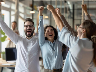 Group of business people and excited employees celebrate successful achievement working together, Teamwork successful, Good news for bonus, Congratulating colleague with business achievement 