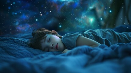 A little boy sleeping on a bed with stars in the background, AI