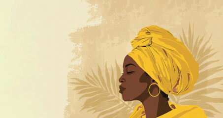 Black woman in yellow traditional clothes, wallpaper for Black History Month, copy space