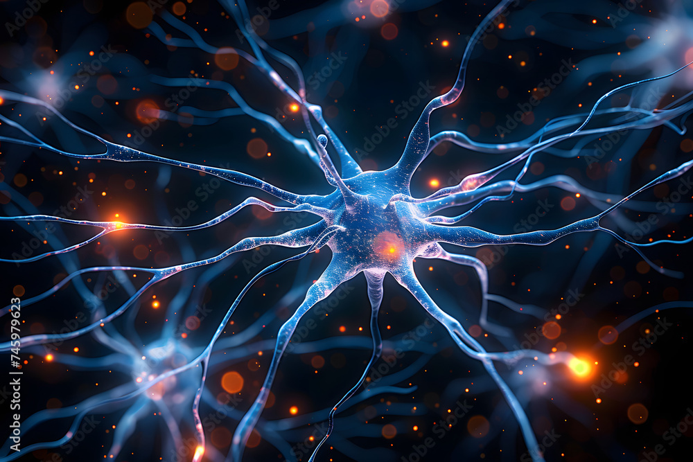 Poster neuron synapse brain - 3d rendered image of neuron cell network on black background