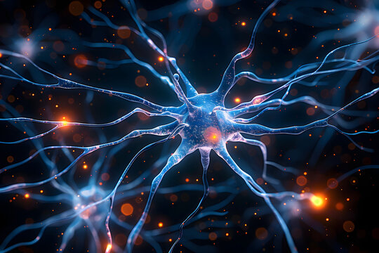 Neuron Synapse Brain - 3D rendered image of neuron cell network on black background
