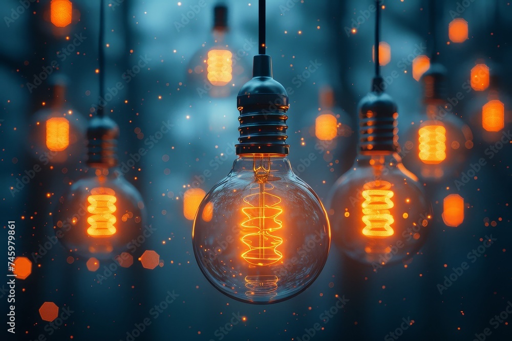 Poster the image features several light bulbs with glowing filaments suspended in the air, against a bokeh 