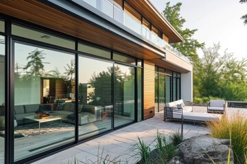 Contemporary Luxury Home: Glass Sliding Doors, Stylish Exterior, and Outdoor Living Space