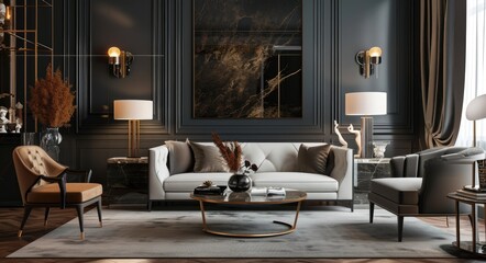Modern Luxury Living Room Interior - Elegant Design with Plush Seating, Stylish Furniture, and Artful Decor - obrazy, fototapety, plakaty