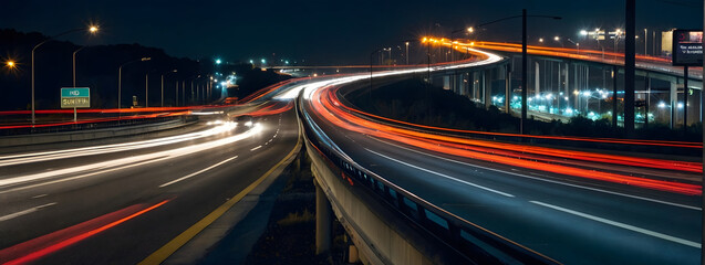 Fototapeta na wymiar Nighttime highway with streaks of car lights, creating a dynamic urban motion scene. 