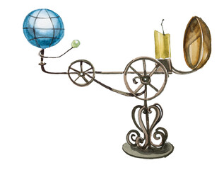 An old astronomical tool. Watercolor astronomy equipment.