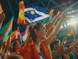 Group of sport fans on stadium cheering football match with flags national, Celebrating to the winner. 