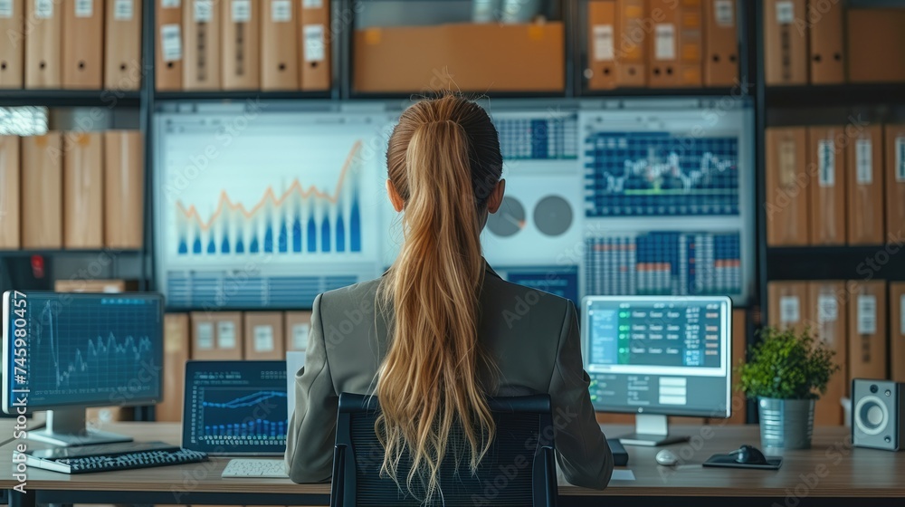 Aufkleber Woman in a business suit is sitting at a table with a huge monitor with a sales growth chart on the screen, and large and small boxes around her. Generative AI.