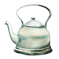 Vintage teapot  with tea design. Watercolor kettle illustration. Retro kitchenware clipart. Antique porcelain tea pot.