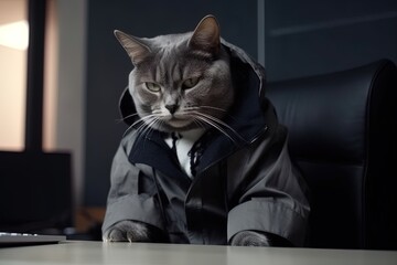 The cat in the hood sits at the table - obrazy, fototapety, plakaty