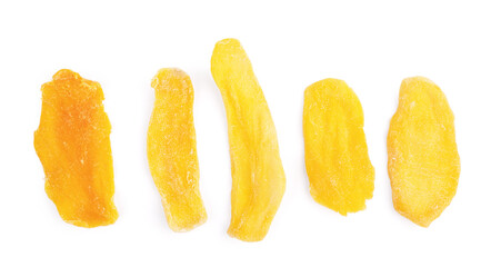 A pile of dried mango slices close-up on a white background. Isolated