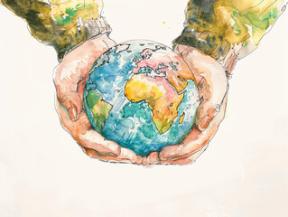 Hands of a child with watercolor holding the earth. Concept of future, education, environment, sustainability and ecology. Earth Day 
