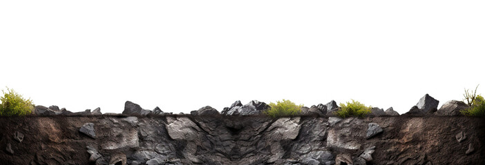 Cross-section of earth showing soil layers and rock formation with sprouting grass, cut out