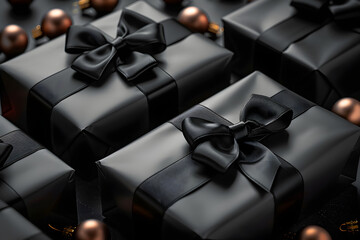 Black Arranged Gifts boxes with black ribbon and bow on black background. Black Friday concept